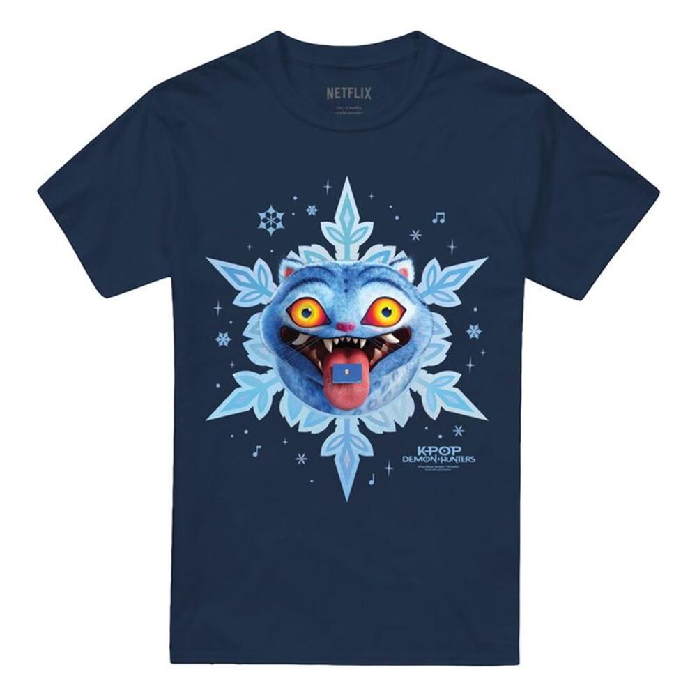 K-Pop Demon Hunters Unisex Adult Derpy Tiger Snowflake Christmas T-Shirt / Navy